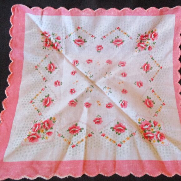 Vtg 11" Pink, Yellow, White & Green Floral Accent Handkerchief w/Pink Border - Picture 2 of 2
